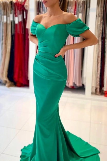 Chicloth Emerald Green Mermaid Prom Dress Off-the-Shoulder Satin Long Party Dress