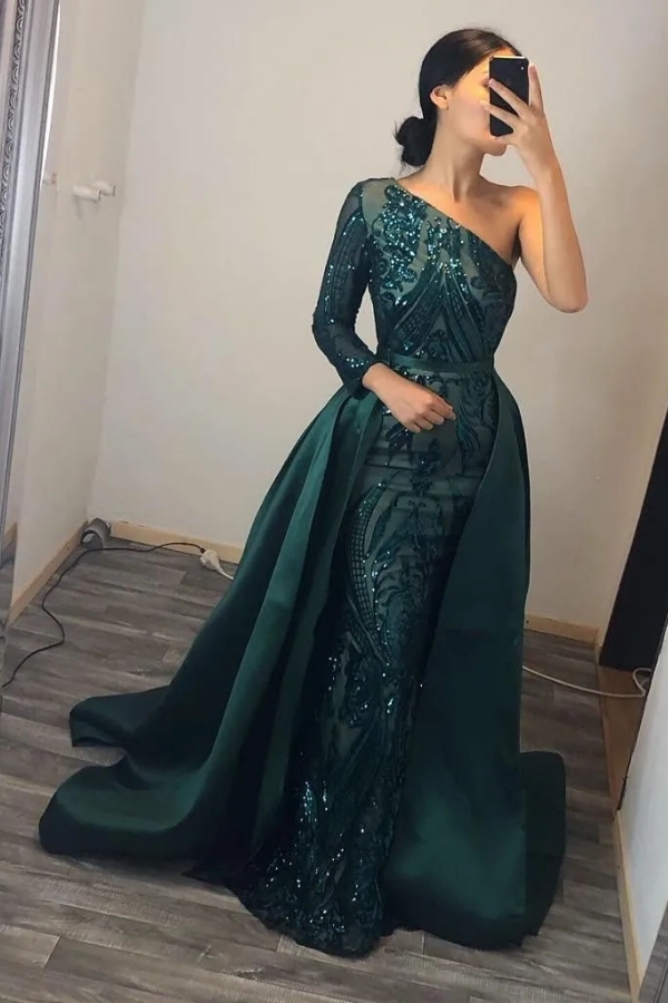 Chicloth Emerald Green Prom Dress Sequins Mermaid Overskirt