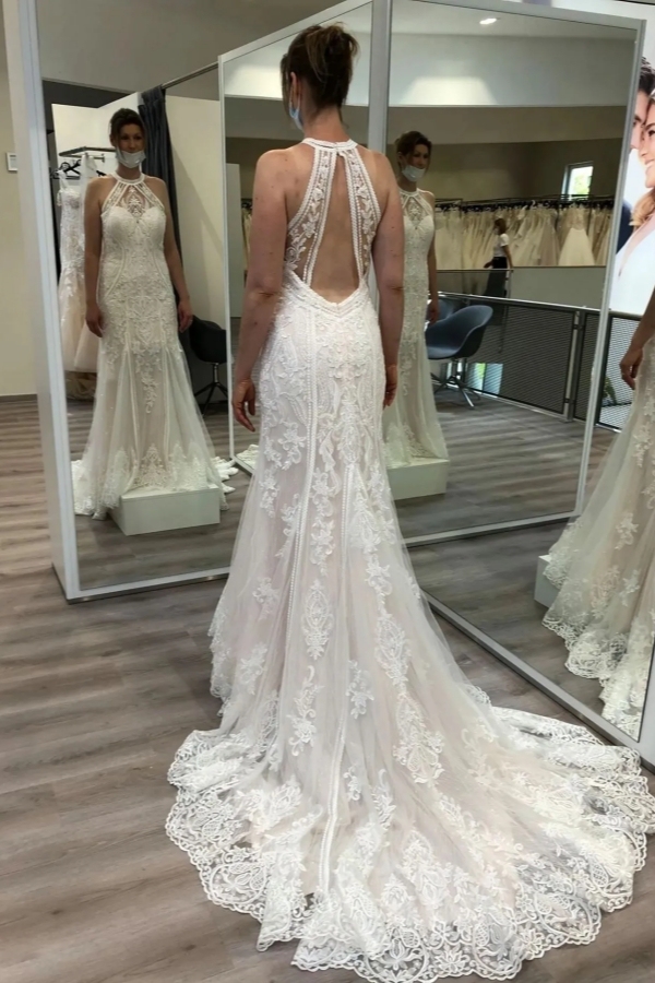 Chicloth Halter Sleeveless Mermaid Wedding Dress Lace Bridal Gowns
