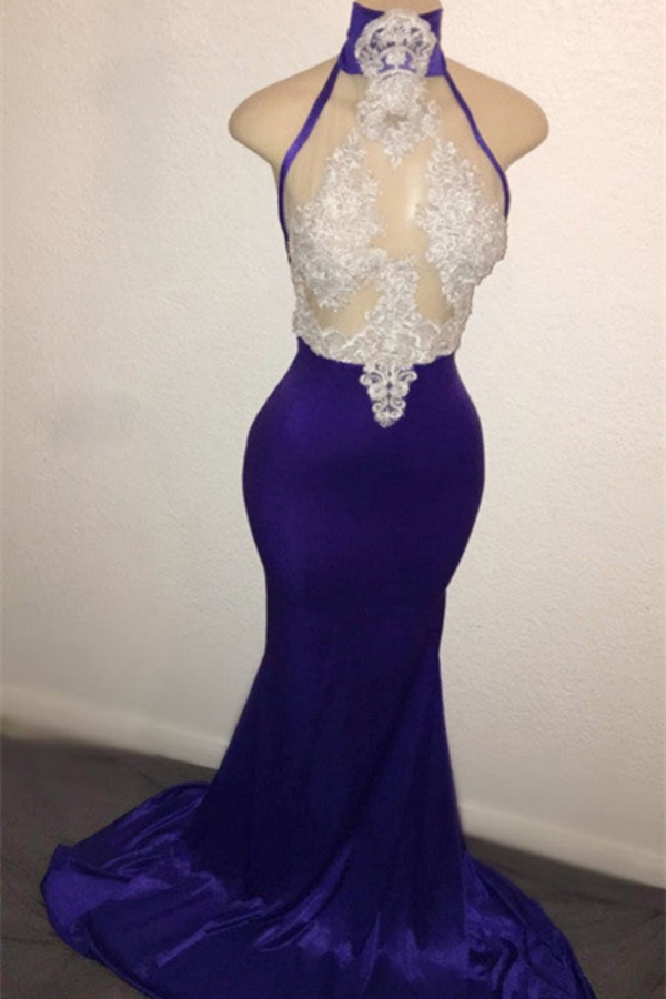 Chicloth High Neck Sleeveless Prom Dress Mermaid Long With Lace Appliques