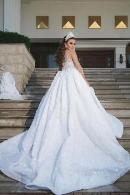 Chicloth Illussion Long Sleeves Wedding Dress Ball Gown With Appliques