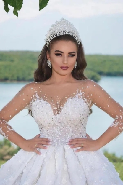 Chicloth Illussion Long Sleeves Wedding Dress Ball Gown With Appliques