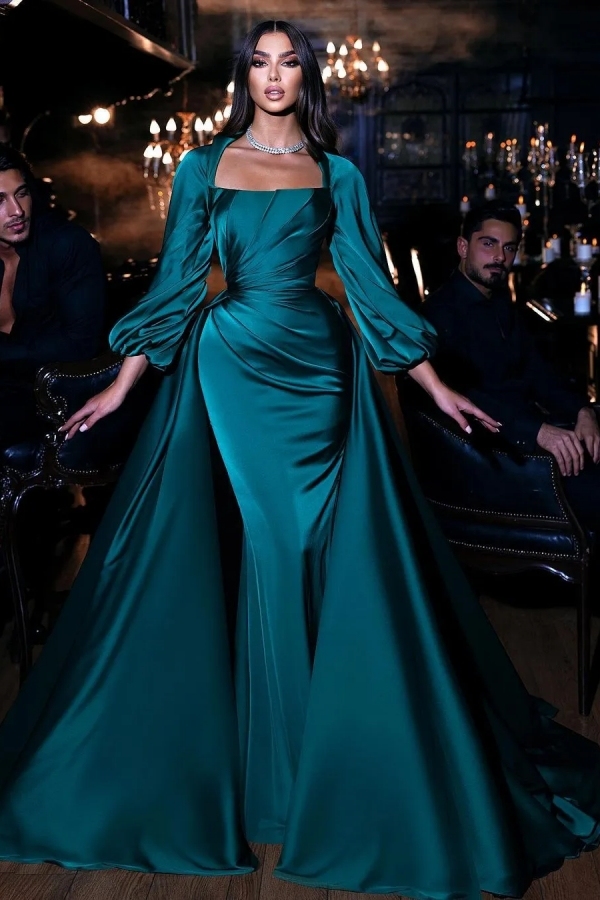 Chicloth Ink Blue Long Sleeves Prom Dress Mermaid Overskirt