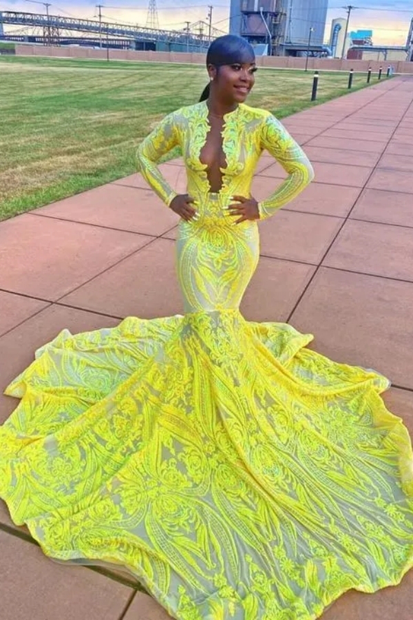 Chicloth Lemon Sequins Long Sleeves Prom Dress Mermaid