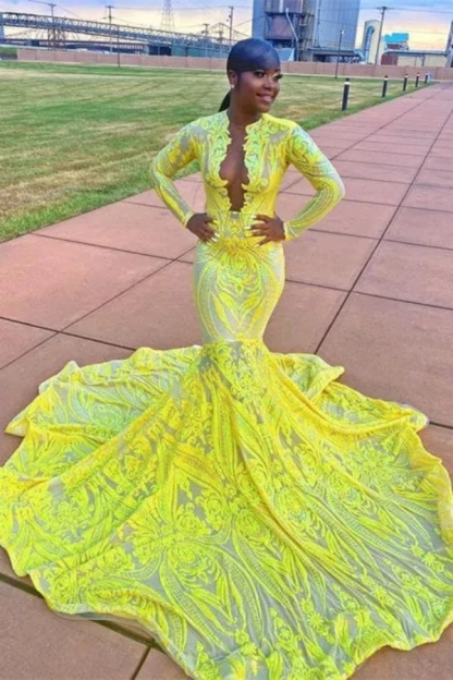 Chicloth Lemon Sequins Long Sleeves Prom Dress Mermaid 