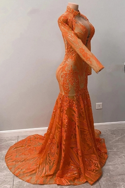 Chicloth Long Sleeve Lace Sequins Mermaid Prom Dress Long with Sweep Train