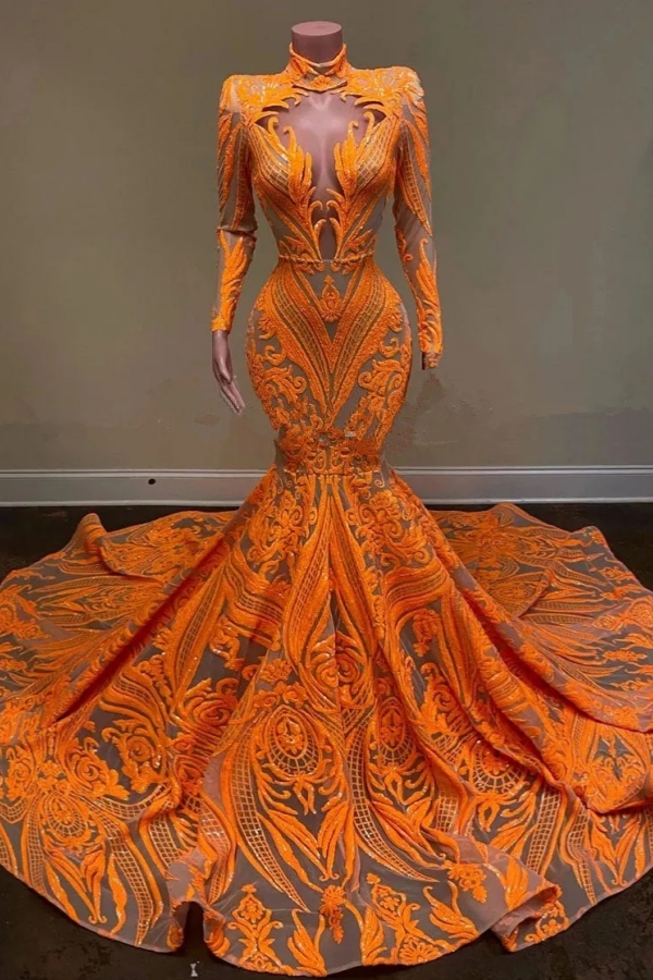Chicloth Long Sleeve Lace Sequins Mermaid Prom Dress Long with Sweep Train
