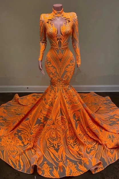 Chicloth Long Sleeve Lace Sequins Mermaid Prom Dress Long with Sweep Train