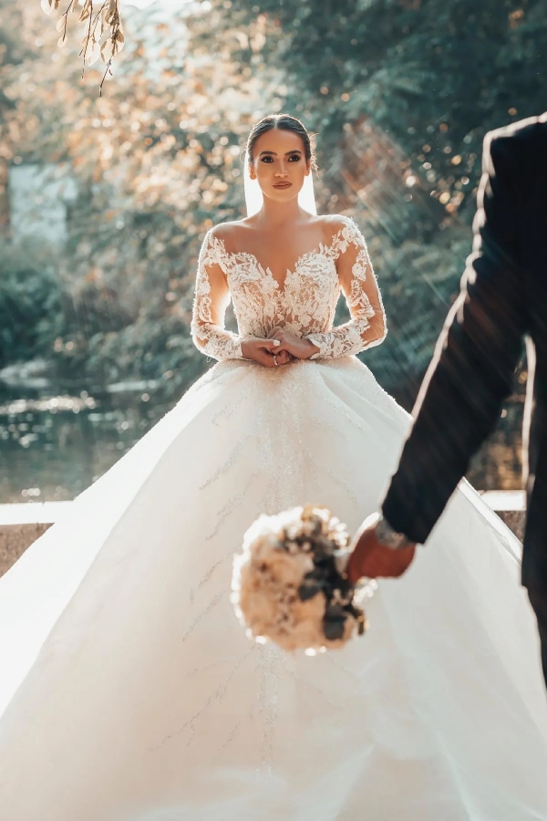 Chicloth Long Sleeves Ball Gown Wedding Dress V-Neck Tulle With Lace Beads