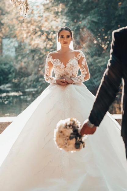 Chicloth Long Sleeves Ball Gown Wedding Dress V-Neck Tulle With Lace Beads