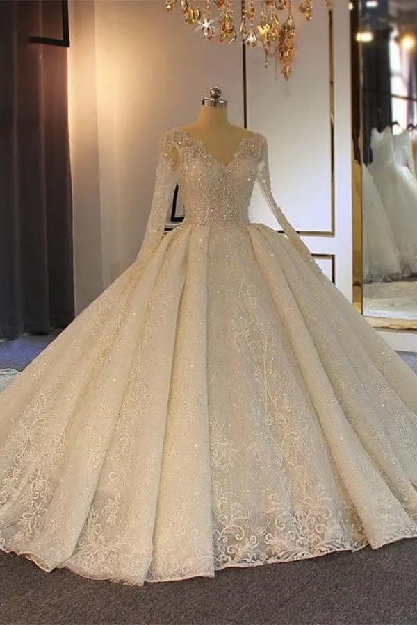 Chicloth Long Sleeves Delicate Lace Wedding Dress Ball Gown