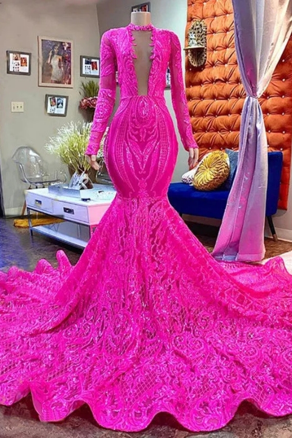 Chicloth Long Sleeves Fuchsia Prom Dress Mermaid with Sequins Online