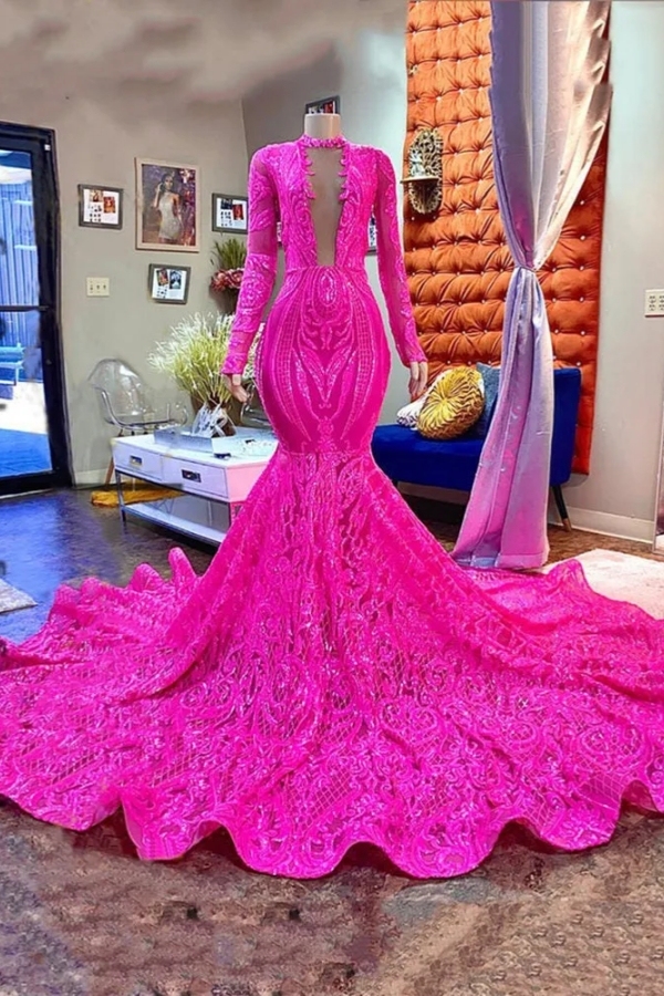Chicloth Long Sleeves Fuchsia Prom Dress Mermaid with Sequins Online