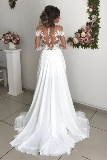 Chicloth Long Sleeves Lace Beach Wedding Dress With Split Chiffon Bridal Gowns