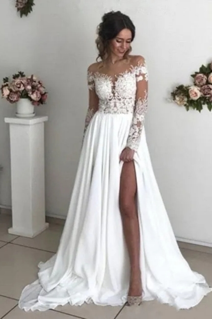 Chicloth Long Sleeves Lace Beach Wedding Dress With Split Chiffon Bridal Gowns