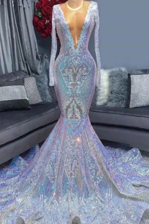 Chicloth Long Sleeves Mermaid Prom Dress V-Neck Sequins Evening Dress