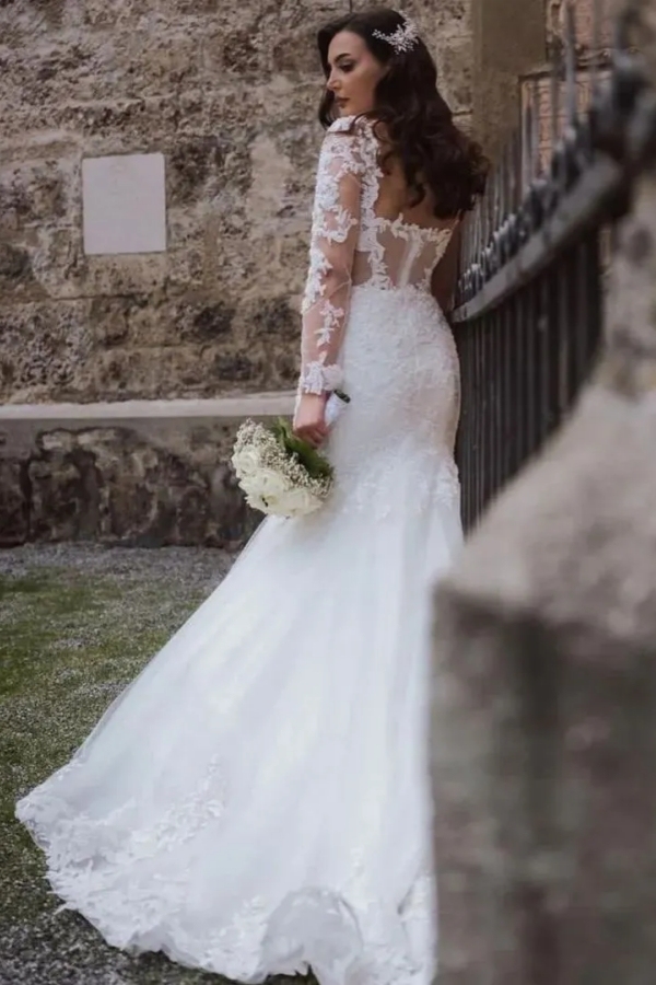 Chicloth Long Sleeves Mermaid Wedding Dress Lace Appliques Bridal Dress