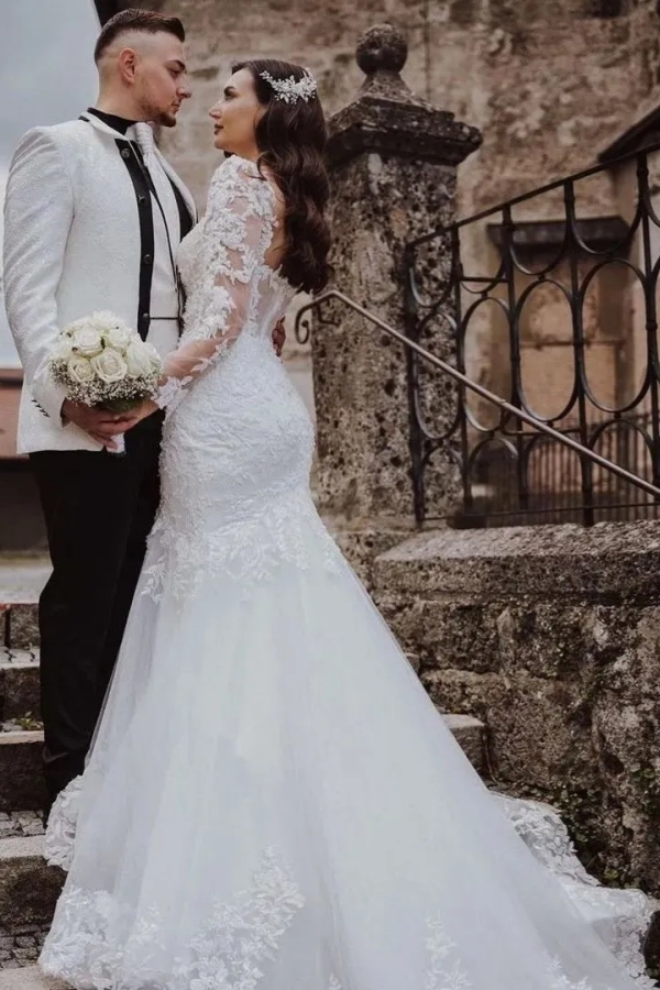 Chicloth Long Sleeves Mermaid Wedding Dress Lace Appliques Bridal Dress
