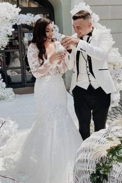 Chicloth Long Sleeves Mermaid Wedding Dress Lace Appliques Bridal Dress