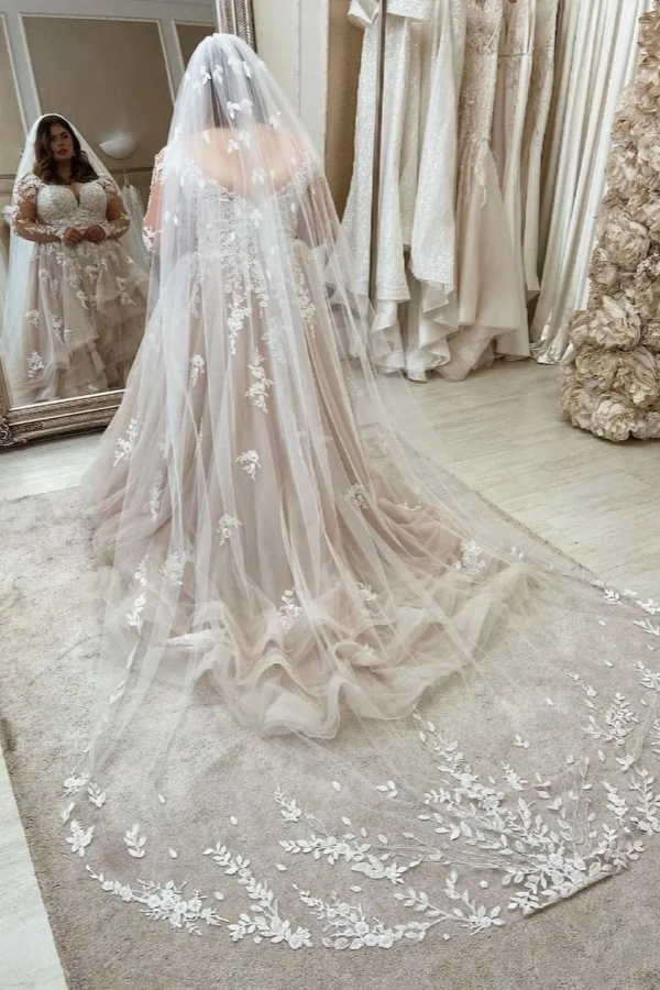 Chicloth Long Sleeves Plus Size Wedding Dress Tulle With Lace Appliques