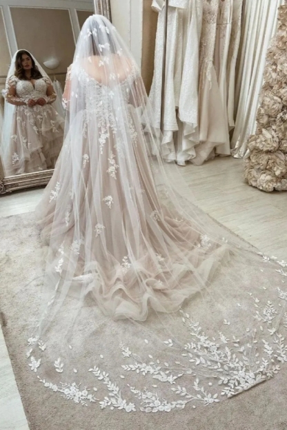 Chicloth Long Sleeves Plus Size Wedding Dress Tulle With Lace Appliques