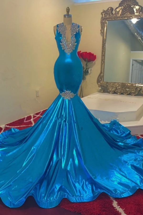 Chicloth Ocean Blue Mermaid Prom Dress Glitter Sleeveless Long Special Occasion Dress