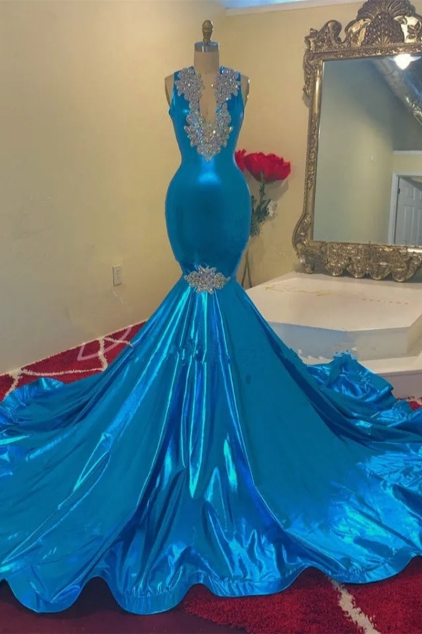 Chicloth Ocean Blue Mermaid Prom Dress Glitter Sleeveless Long Special Occasion Dress