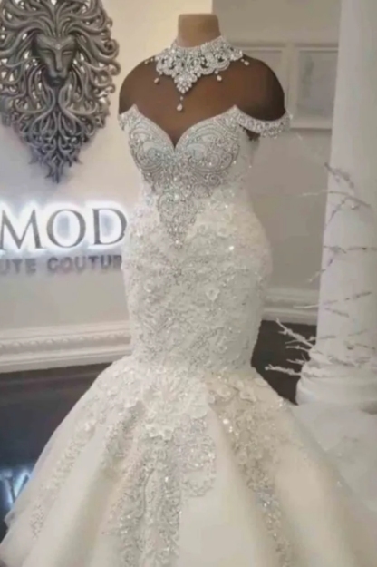 Chicloth Off-the-Shoulder Beads Mermaid Wedding Dress With Appliques 