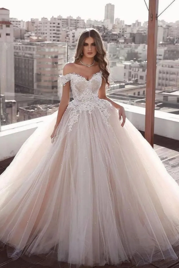 Chicloth Off-the-Shoulder Champagne Wedding Dress Ball Gown With Tulle Lace