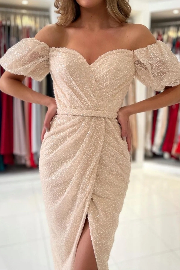 Chicloth Off-the-Shoulder Sequins Prom Dress Short Sleeves Knee-Length Party Dress