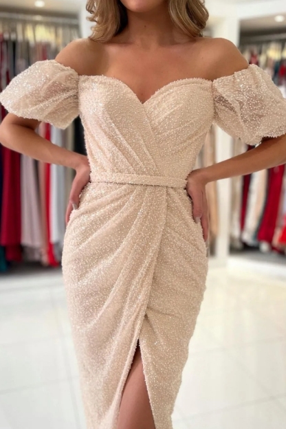 Chicloth Off-the-Shoulder Sequins Prom Dress Short Sleeves Knee-Length Party Dress