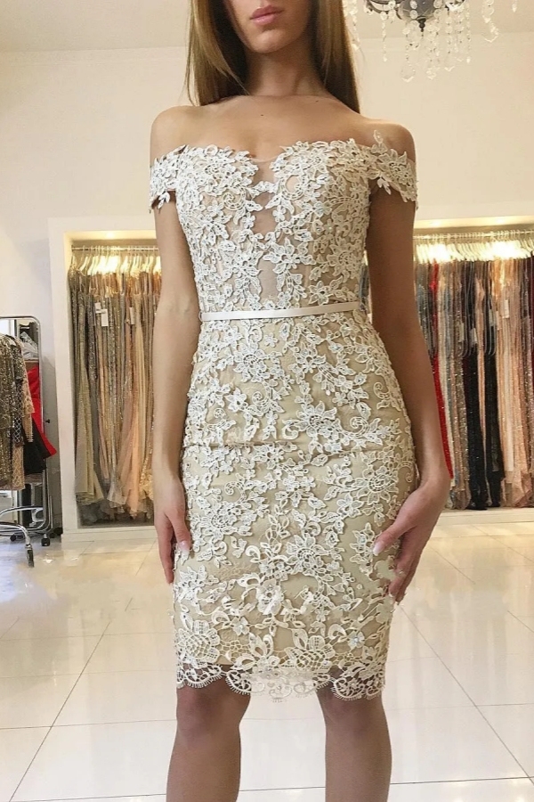 Chicloth Off-the-Shoulder Sheath Prom Dress Knee-Length With Appliques