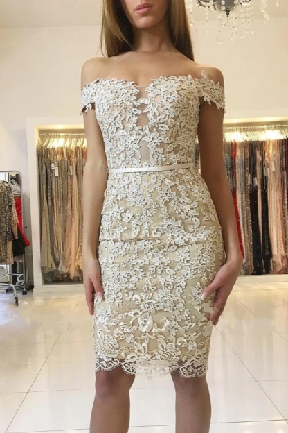 Chicloth Off-the-Shoulder Sheath Prom Dress Knee-Length With Appliques