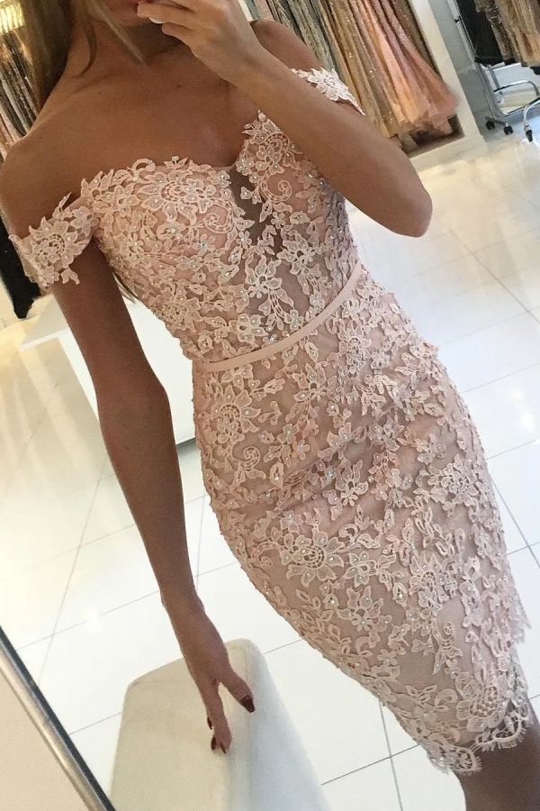 Chicloth Off-the-Shoulder Sheath Prom Dress Knee-Length With Appliques