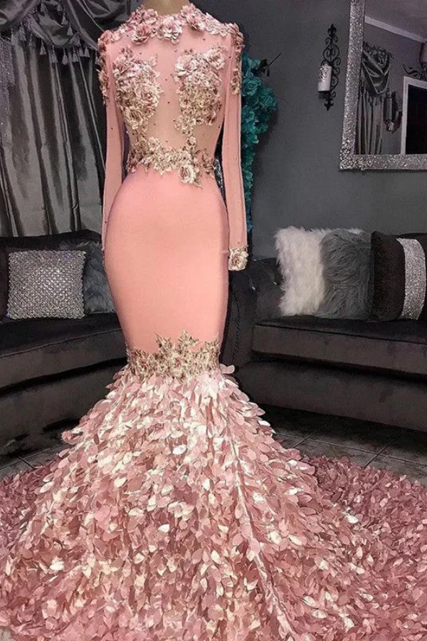 Chicloth Pink Long Sleeves Mermaid Prom Dress With Appliques