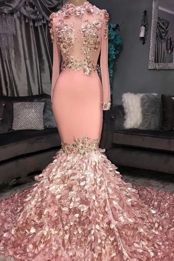 Chicloth Pink Long Sleeves Mermaid Prom Dress With Appliques
