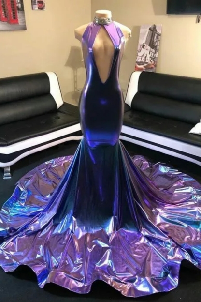 Chicloth Purple Sleeveless High Neck Mermaid Prom Dress 
