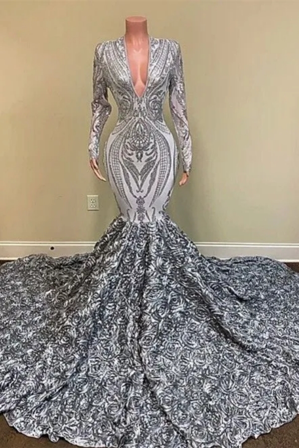 Chicloth Silver Prom Dress Mermaid Long Sleeves V-Neck With Flowers