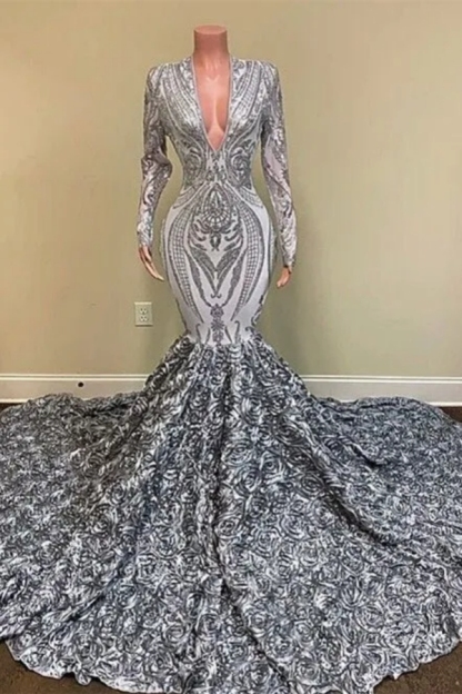 Chicloth Silver Prom Dress Mermaid Long Sleeves V-Neck With Flowers