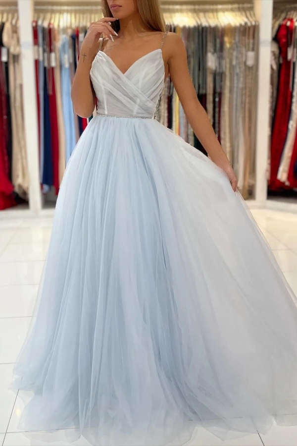 Chicloth Sky Blue Spaghetti-Straps Long Prom Dress Tulle With Beadings