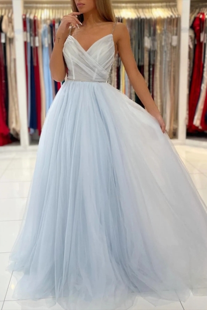 Chicloth Sky Blue Spaghetti-Straps Long Prom Dress Tulle With Beadings
