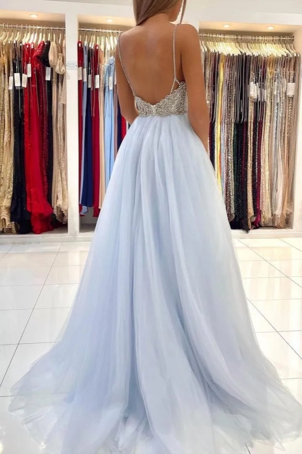 Chicloth Sky Blue Spaghetti-Straps Long Prom Dress Tulle With Beadings