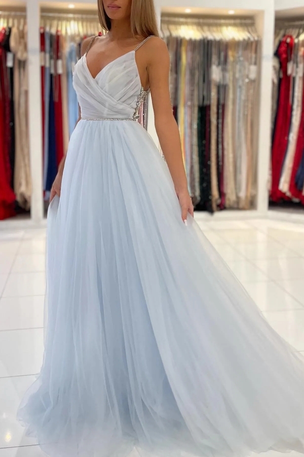 Chicloth Sky Blue Spaghetti-Straps Long Prom Dress Tulle With Beadings