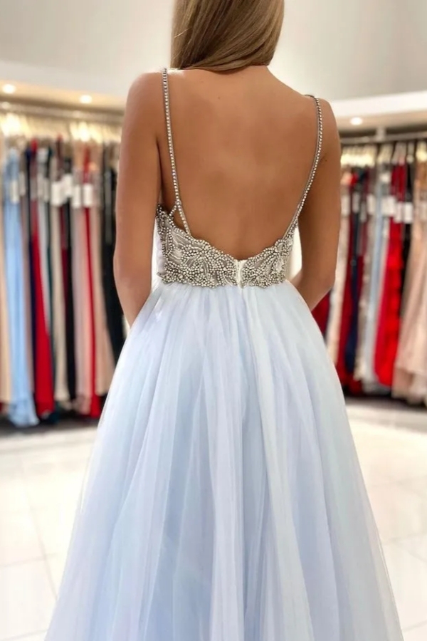 Chicloth Sky Blue Spaghetti-Straps Long Prom Dress Tulle With Beadings