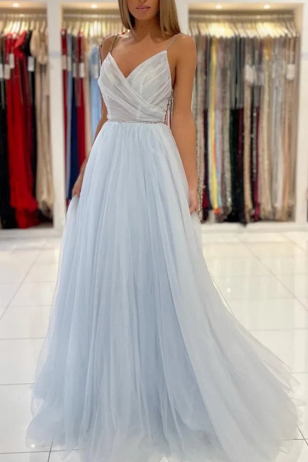 Chicloth Sky Blue Spaghetti-Straps Long Prom Dress Tulle With Beadings