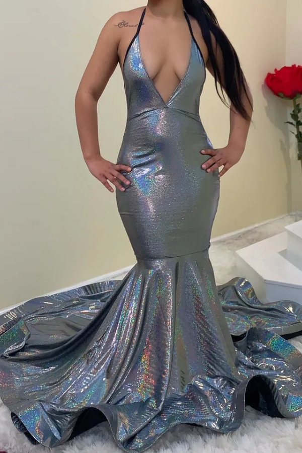 Chicloth Sleeveless V-Neck Long Prom Dress Glitter Mermaid Halter Party Dress