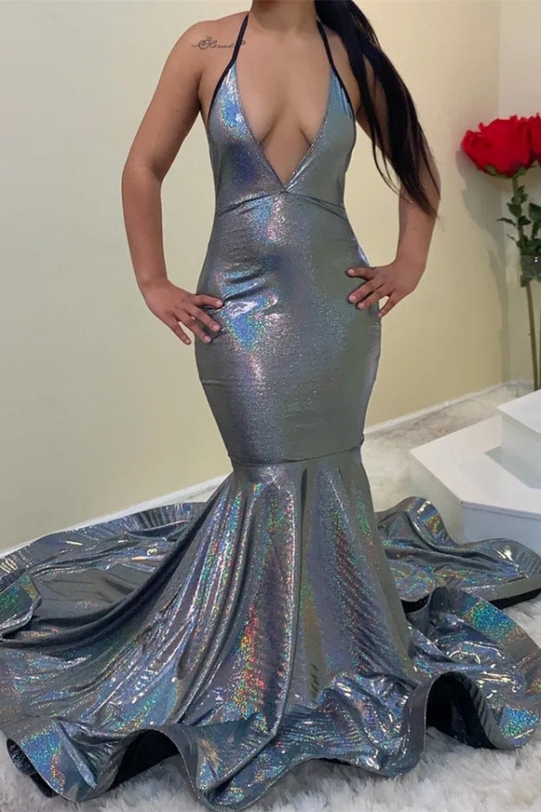 Chicloth Sleeveless V-Neck Long Prom Dress Glitter Mermaid Halter Party Dress
