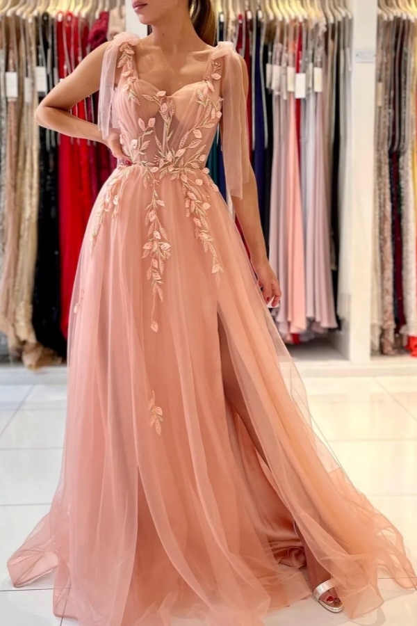 Chicloth Sweetheart Tulle Long Prom Dress Front Slit With Appliques