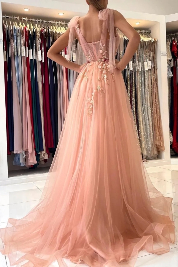 Chicloth Sweetheart Tulle Long Prom Dress Front Slit With Appliques
