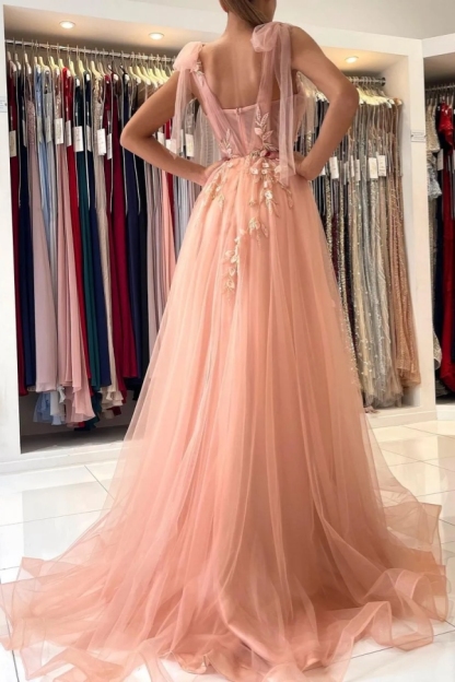 Chicloth Sweetheart Tulle Long Prom Dress Front Slit With Appliques
